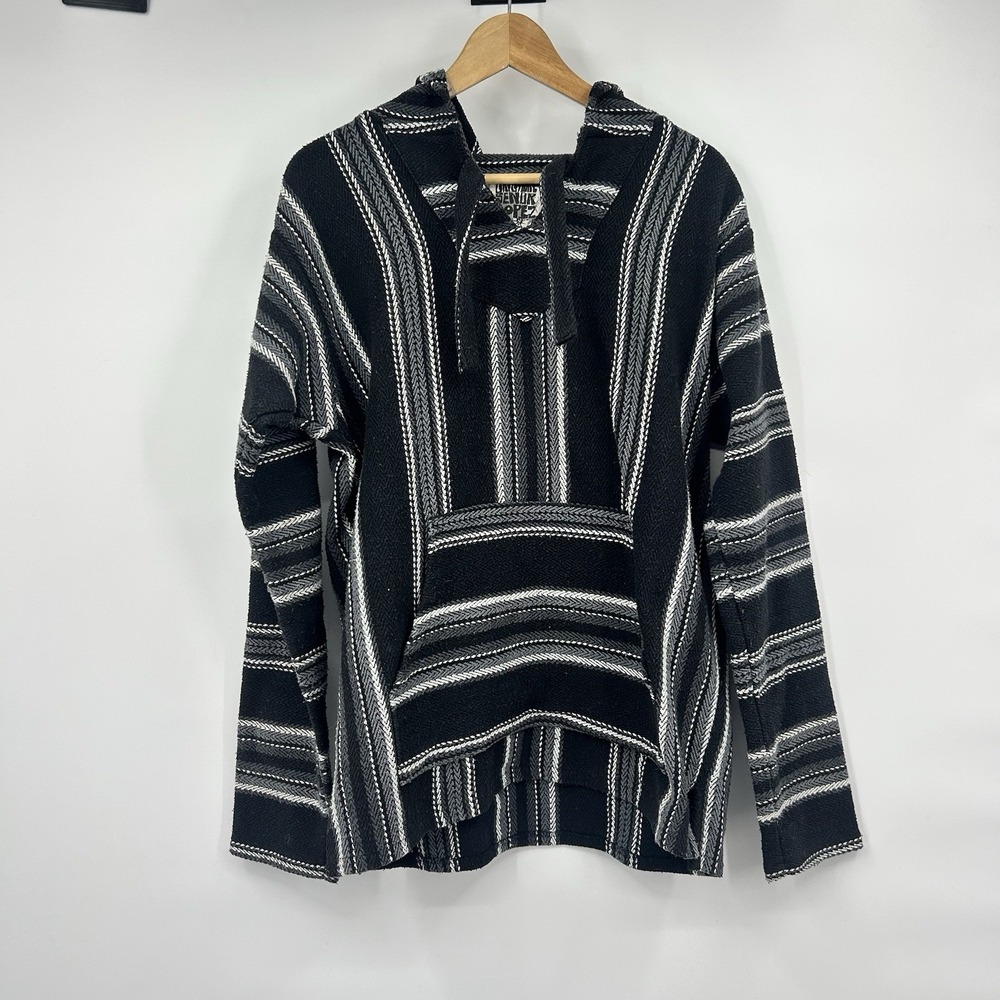 Senor Lopez Baja Hoodie Mens L Black Gray Striped Mexican Drug Rug Pullover